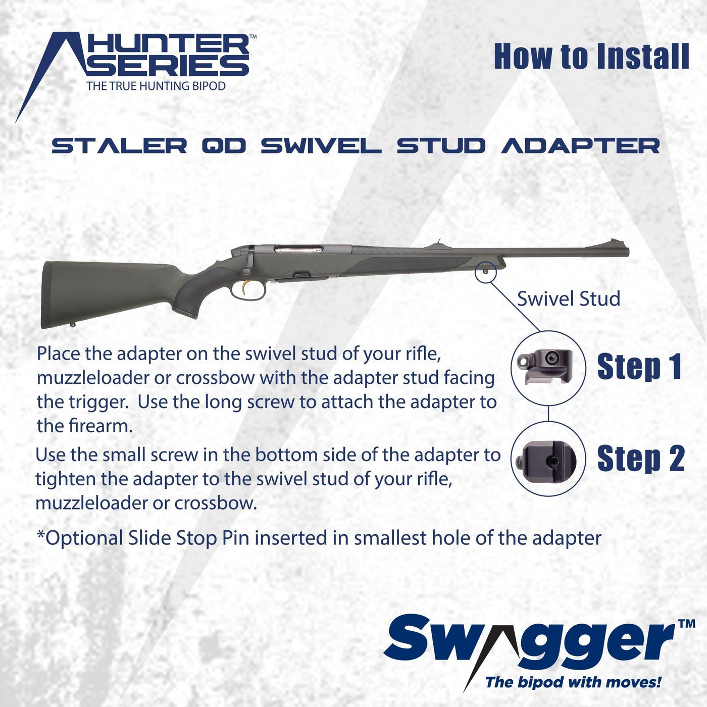 Instructions for installing the Swagger Bipod QD Swivel Stud Adapter